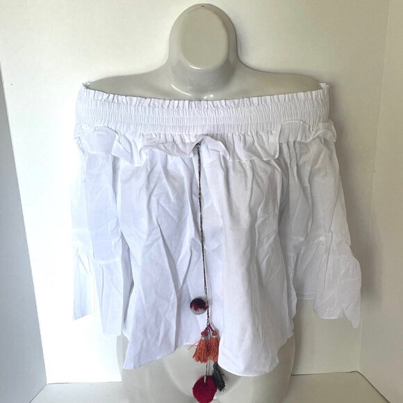 MISA Off Shoulder Crop Top Womens S White Cotton Boho Bell Sleeve Festival - Picture 3 of 8